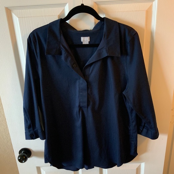 Chico’s No-Iron Chic Stretch Navy Half Button Down, Size 2 (US 12) - Picture 1 of 5